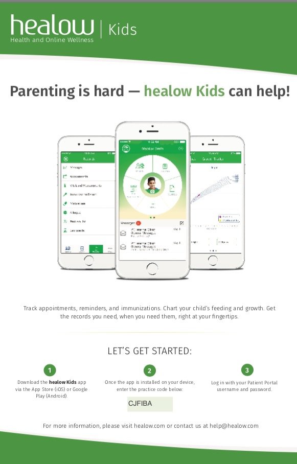 Promotion image for the HEALOW Kids app (practice code CJFIBA)