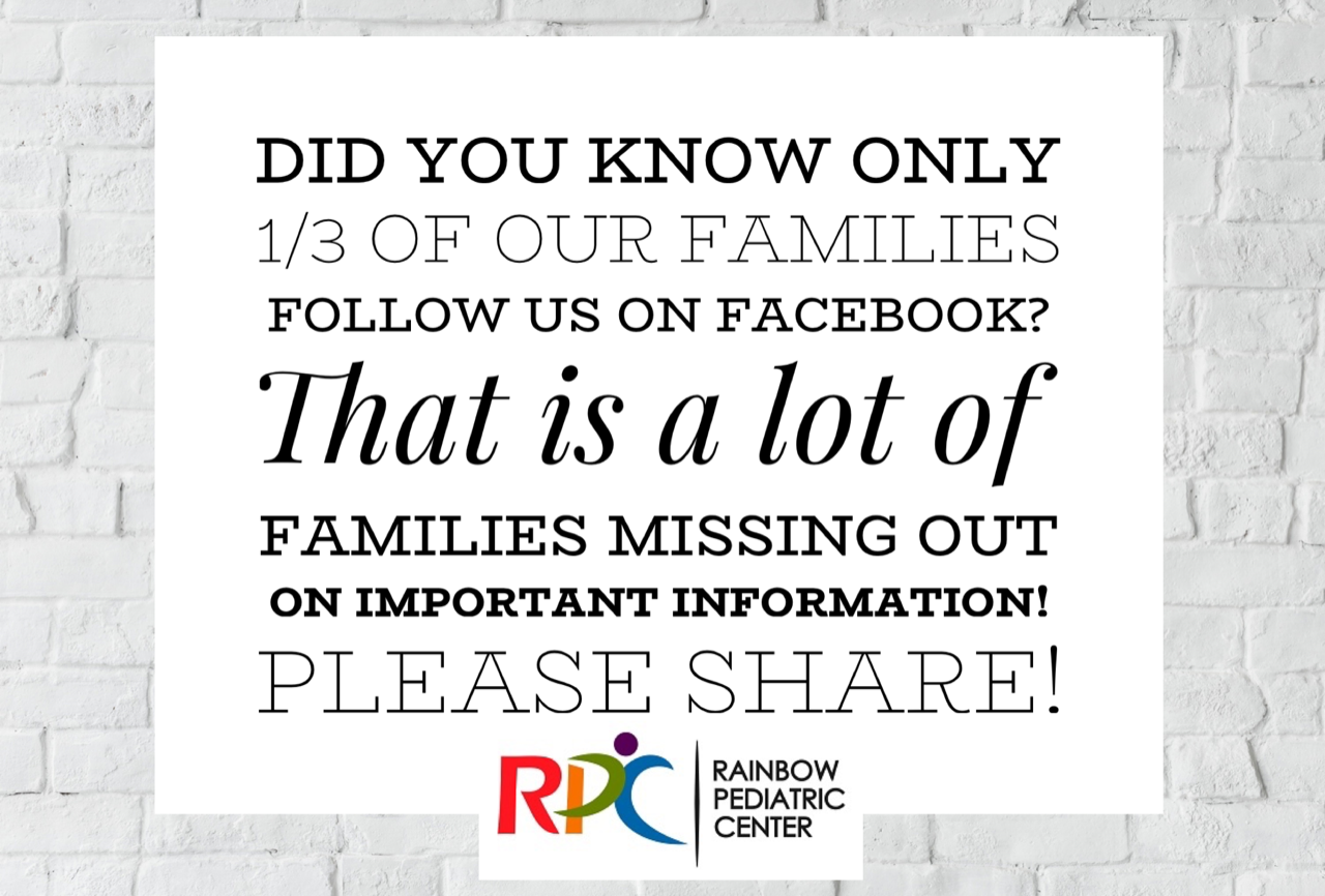 Image: White solid text box over image of white painted brick wall and RPC logo. Text: Did you know only one third of our families follow us on facebook? That is a lot of families missing out on important information! Please share!